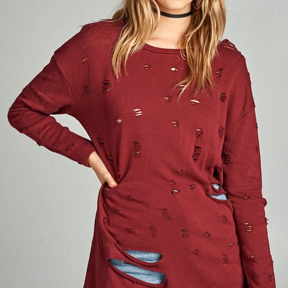 Burgundy Deep Red Distressed Ripped Sweater - Picture 4 of 4